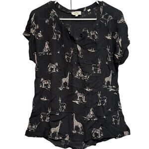 FatFace Safari Animal Print Blouse Black Short Sleeve Top Giraffe Zebra US 6